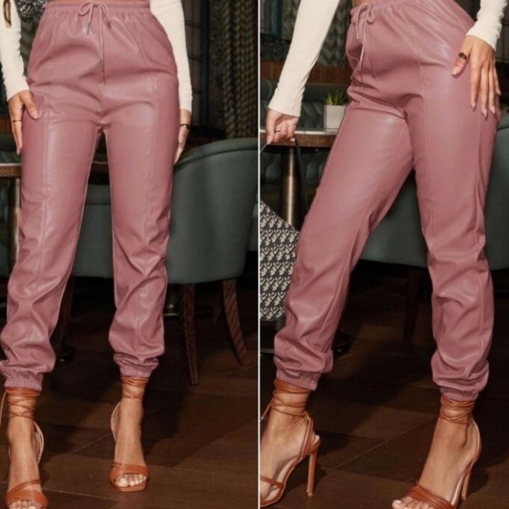 Pink Faux Leather PU jogger pants - Picture 3 of 9
